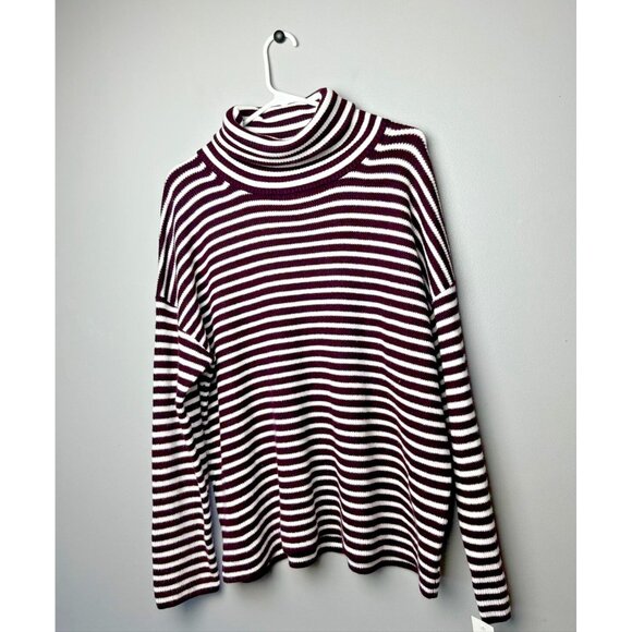 French Connection Women's Evening Wine & White Turtleneck Striped Sweater Size M - Picture 1 of 7